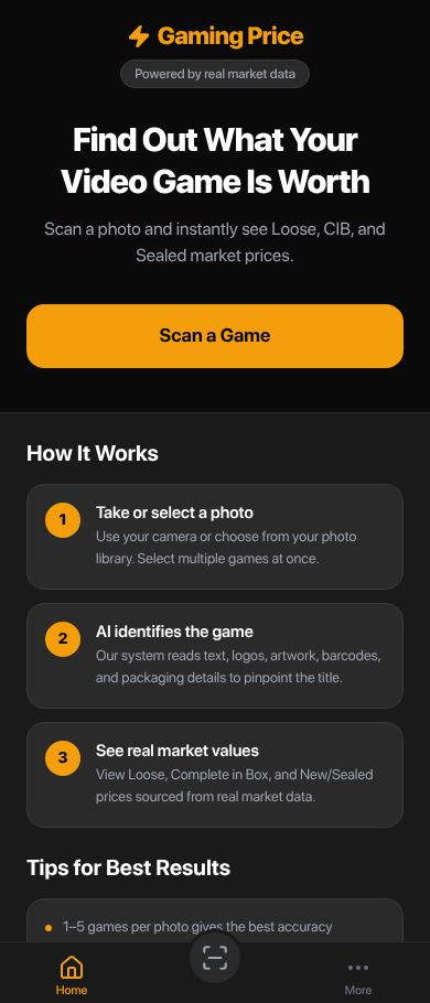 Gaming Price app home screen showing how it works