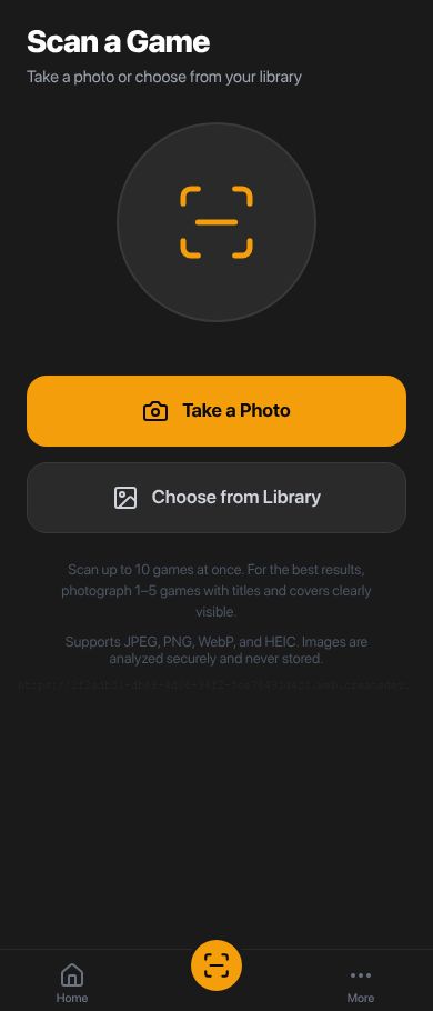 Gaming Price app scan screen with camera and photo library options